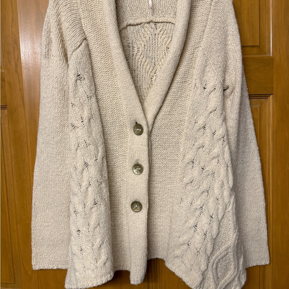 Free People Cream Cable Knit Shawl Collar Cardigan